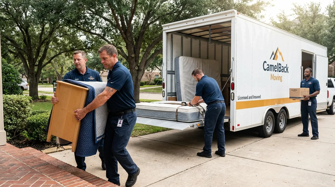 Crew loading residential truck for cross-state move from Hillsboro, TX