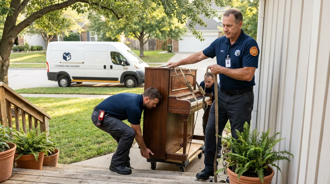 Licensed piano movers securing grand piano in Hillsboro, TX