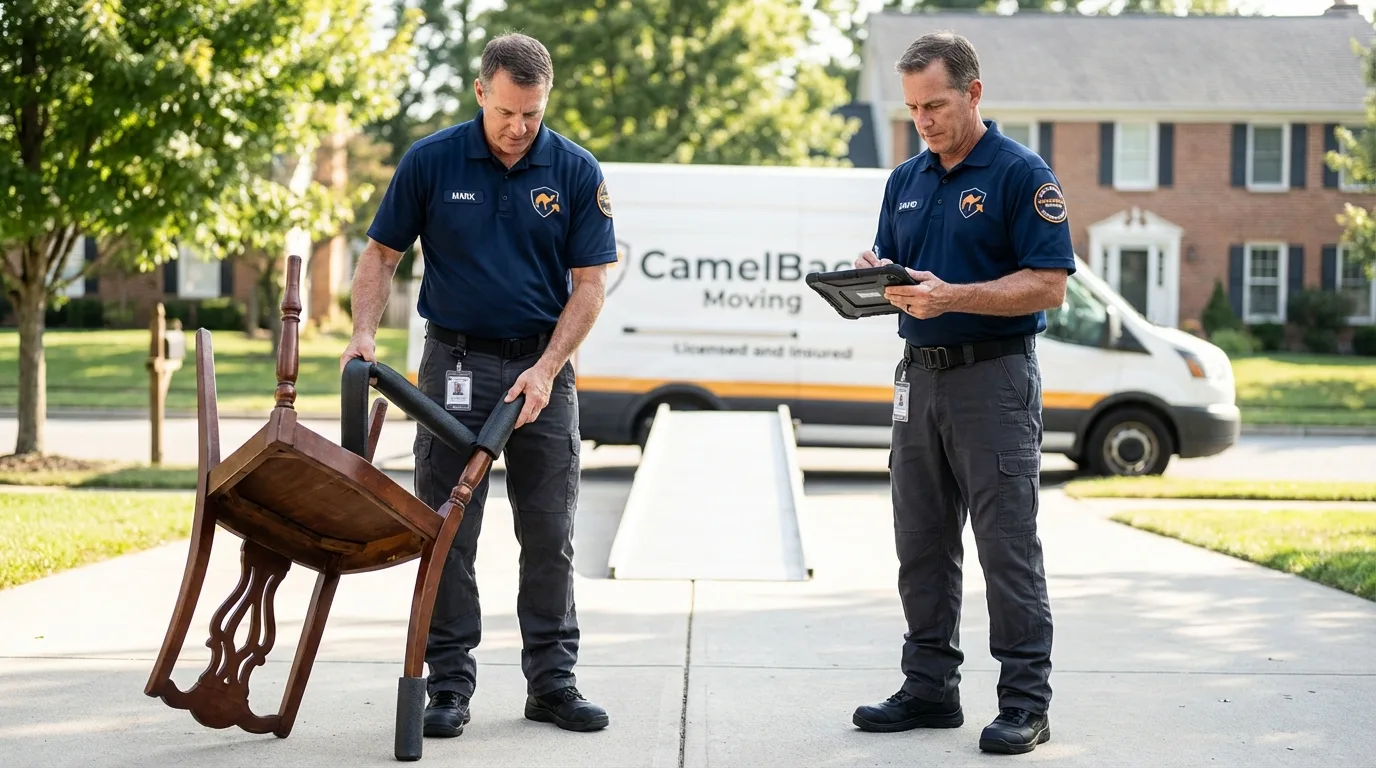 Movers inspecting furniture for damage prevention before loading in Hillsboro, TX