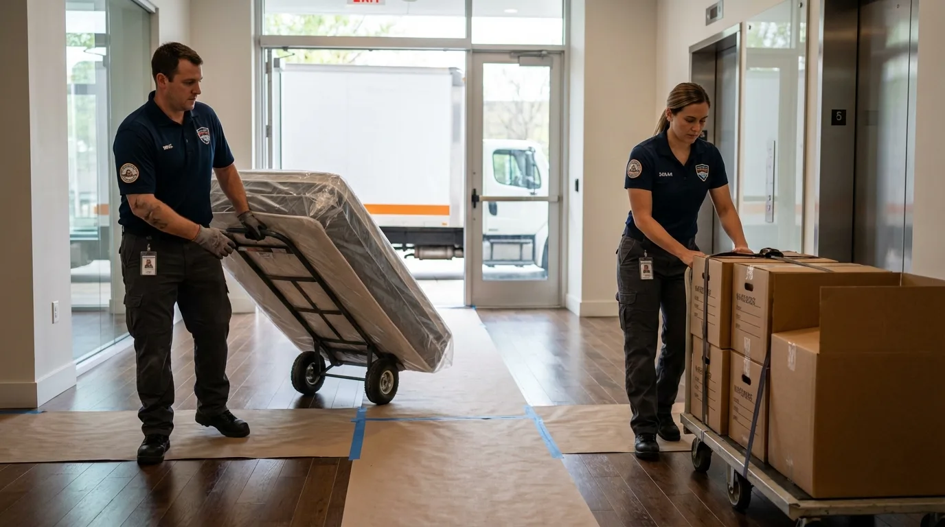 Professional apartment movers loading elevator in Hillsboro, TX